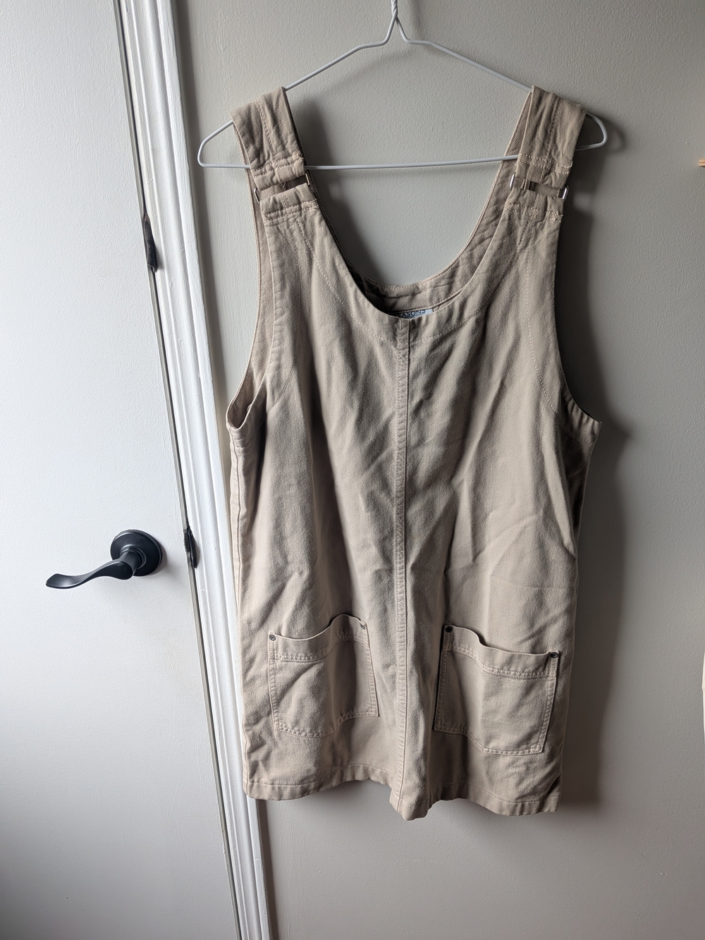Vintage Beige Cotton Pinafore Jumper Dress with Front Pockets